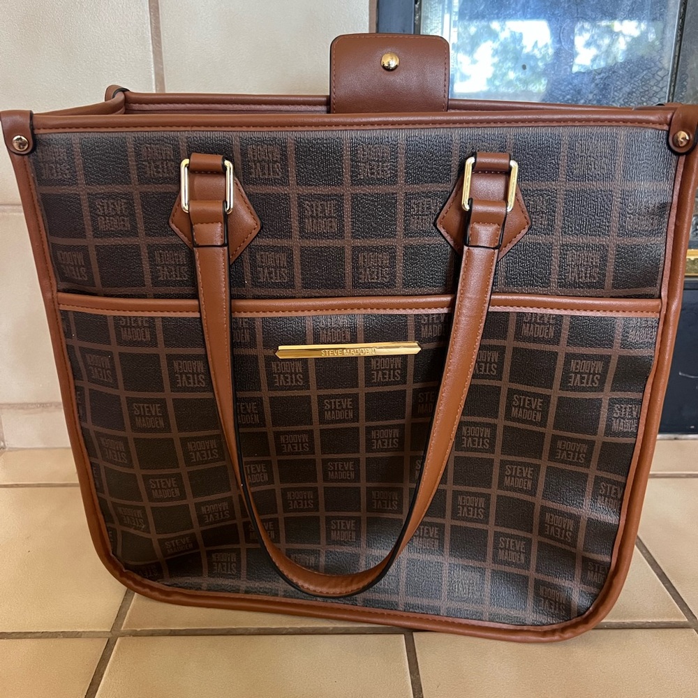 Steve Madden Brown Logo Messenger Tote with Tan Trim